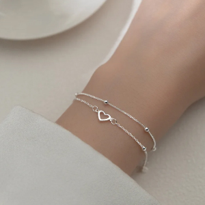 VENTFILLE-925 Sterling Silver Double Love Heart Bracelet para Feminino, Hollow Round Beads, Jóias Românticas, Ajustável, Moda, Clássico